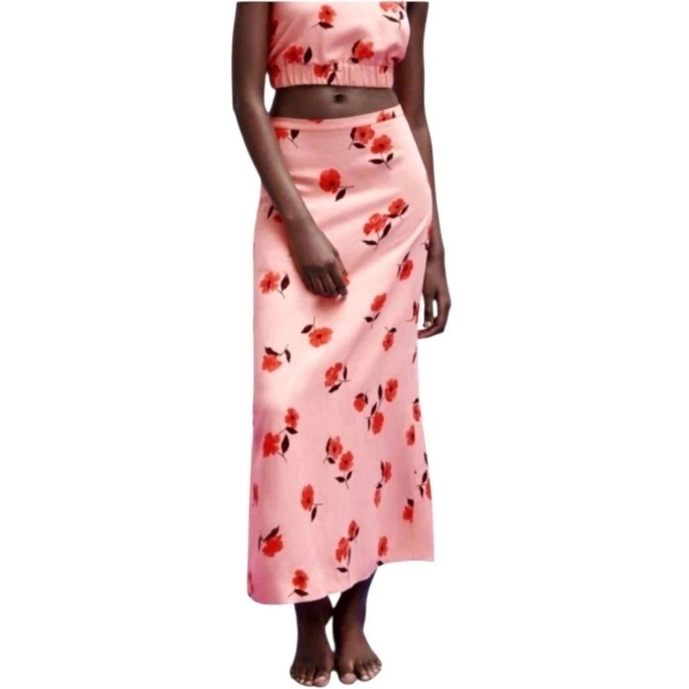 Zara Skirt Women XS Pink Linen Blend Floral Print Maxi Boho Cottagecore Preppy